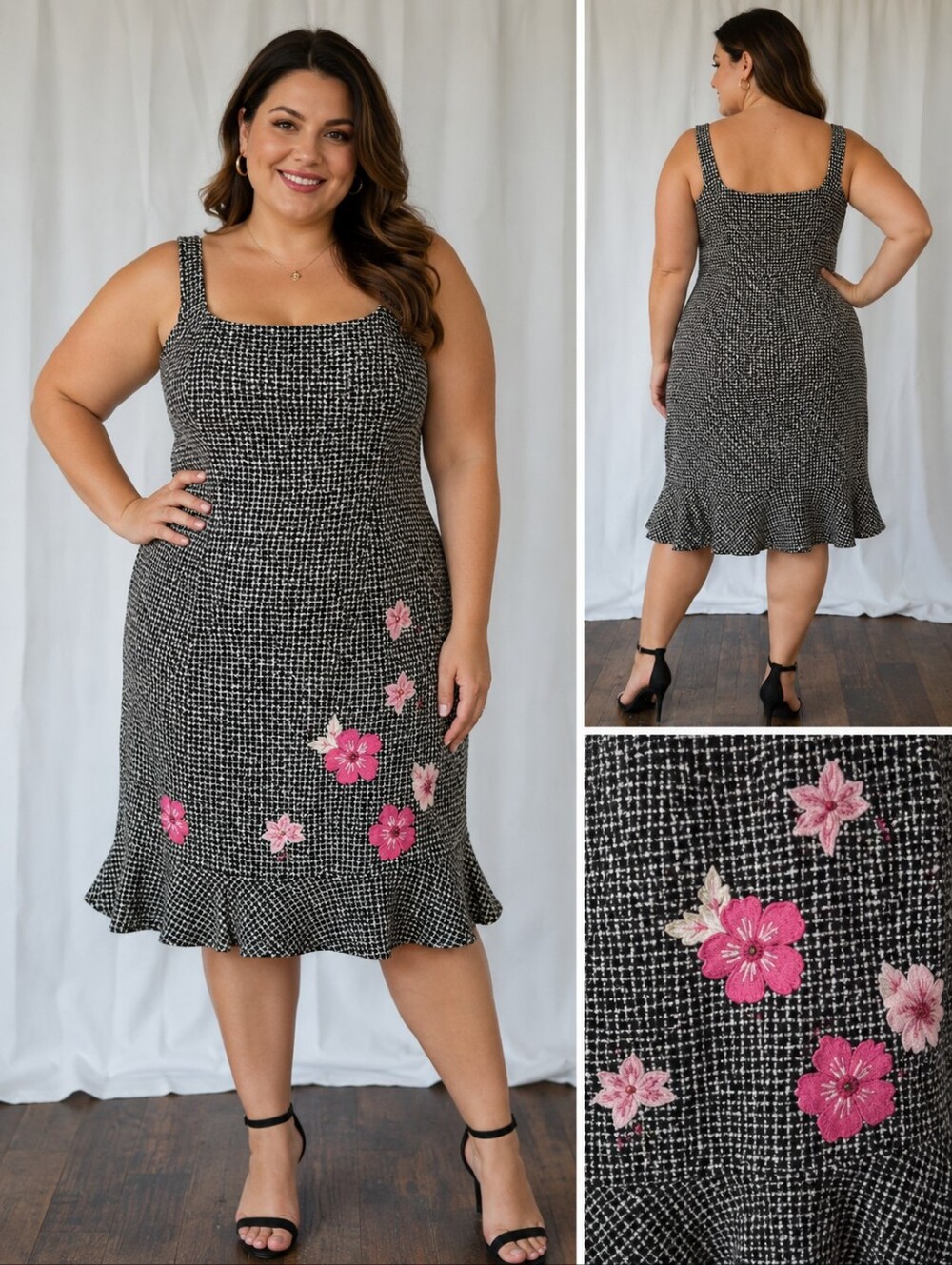 Muse Tweed Floral Midi Dress Size 12  Black Pink Floral Embro Flutter Hem